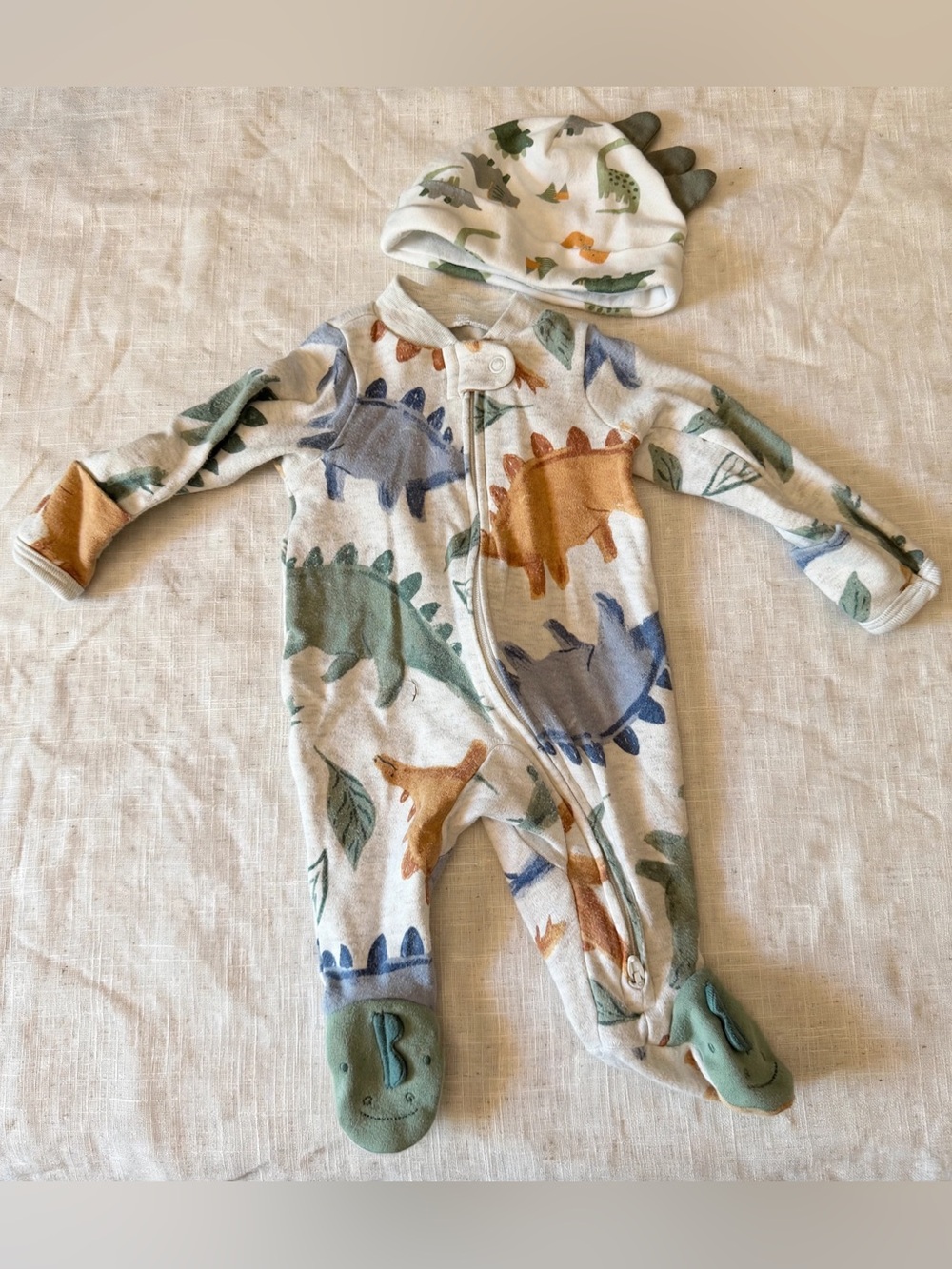 Carter's Cream Dinosaur Print Footed One Piece with Hat